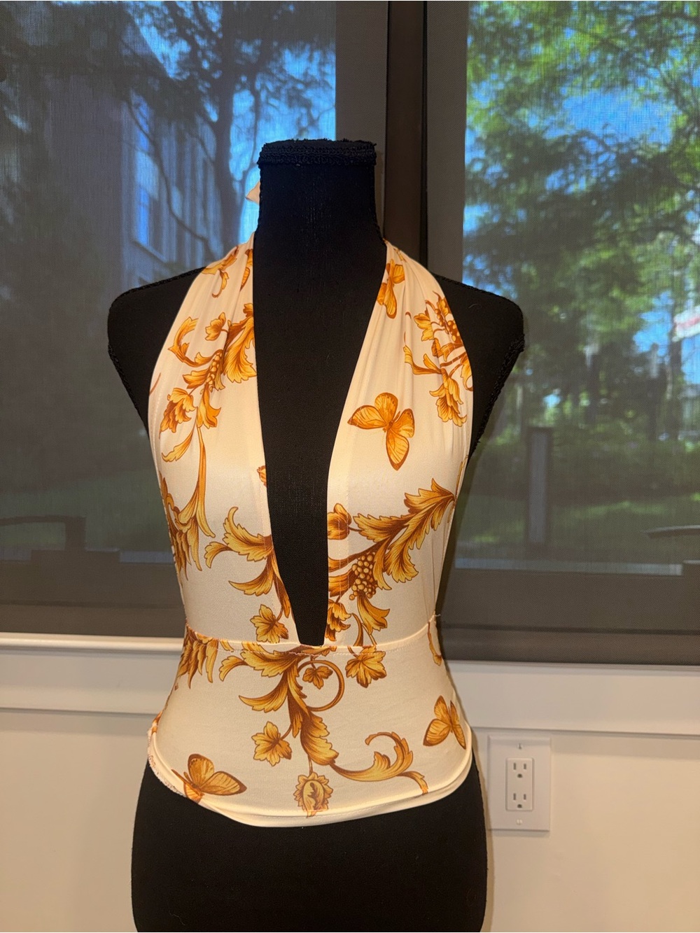 Plunge Halter Floral Print - Cream & Gold